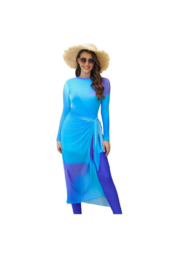 Women Burkini Swimsuits Modest Muslim Swimwear Islamic Long Sleeve Full Cover Swim Pants Rash Guard Sarongs Cover ups XXL Blue 4pcs