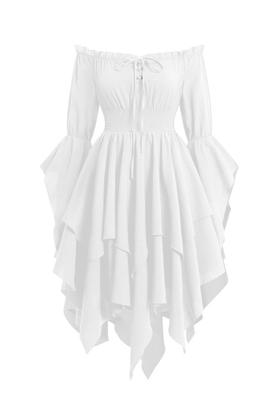 Women Corset Dress Sexy Off Shoulder Renaissance Costume Flowy Irregular Ruffle Hem Lace Up Cocktail Party Dresses White