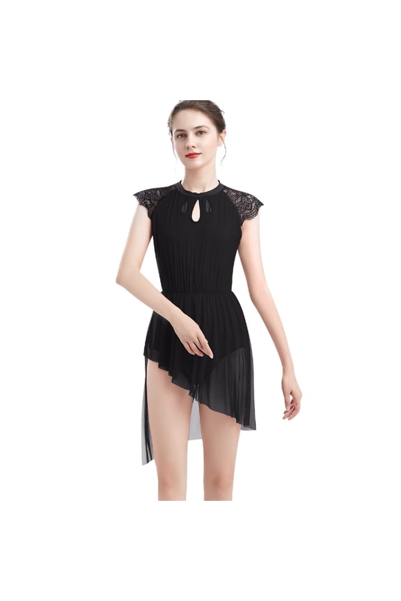 Women Elegant Lyrical Dance Dress Lace Cap Sleeve Asymmetrical Tulle Skirt Leotard Contemporary Ballet Dancewear M Black
