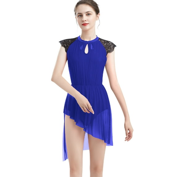 IBTOM CASTLE Women Elegant Lyrical Dance Dress Lace Cap Sleeve Asymmetrical Tulle Skirt Leotard Contemporary Ballet Dancewear M Royal Blue
