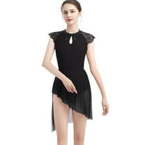 IBTOM CASTLE Women Elegant Lyrical Dance Dress Lace Cap Sleeve Asymmetrical Tulle Skirt Leotard Contemporary Ballet Dancewear S Black