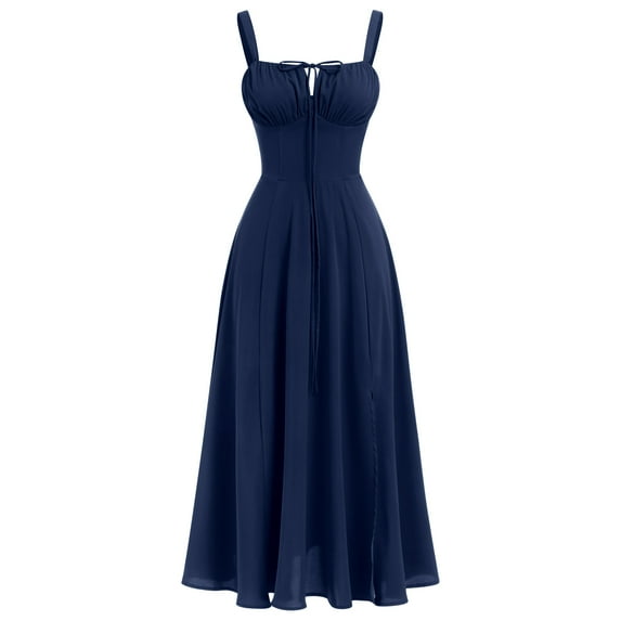 IBTOM CASTLE Women Floral Corset Dress Sleeveless Square Neck Spaghetti Straps Dress Boho Holiday Flowy Midi Bustier Sundress L Navy Blue