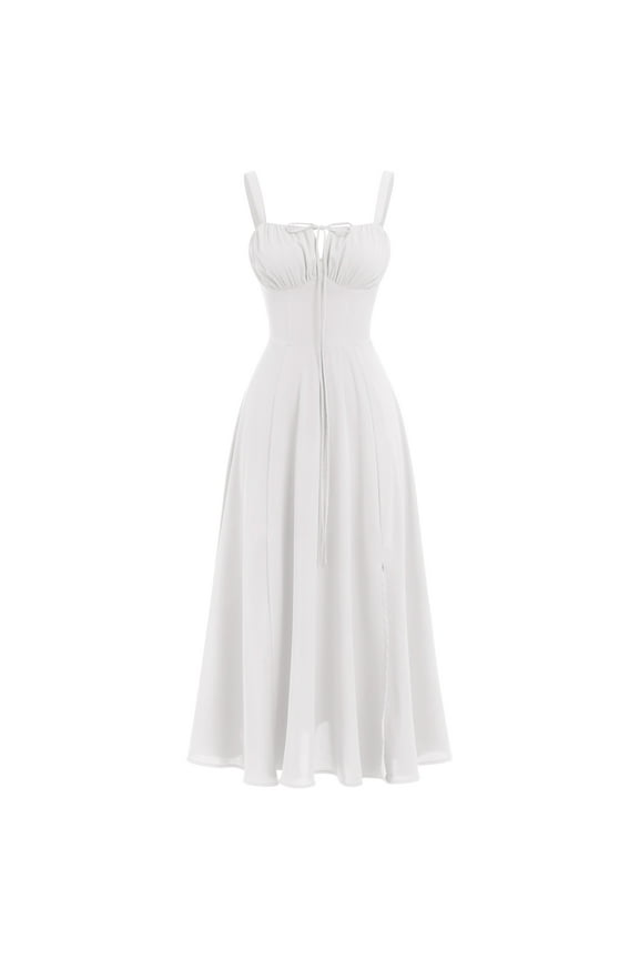 Women Floral Corset Dress Sleeveless Square Neck Spaghetti Straps Dress Boho Holiday Flowy Midi Bustier Sundress L White