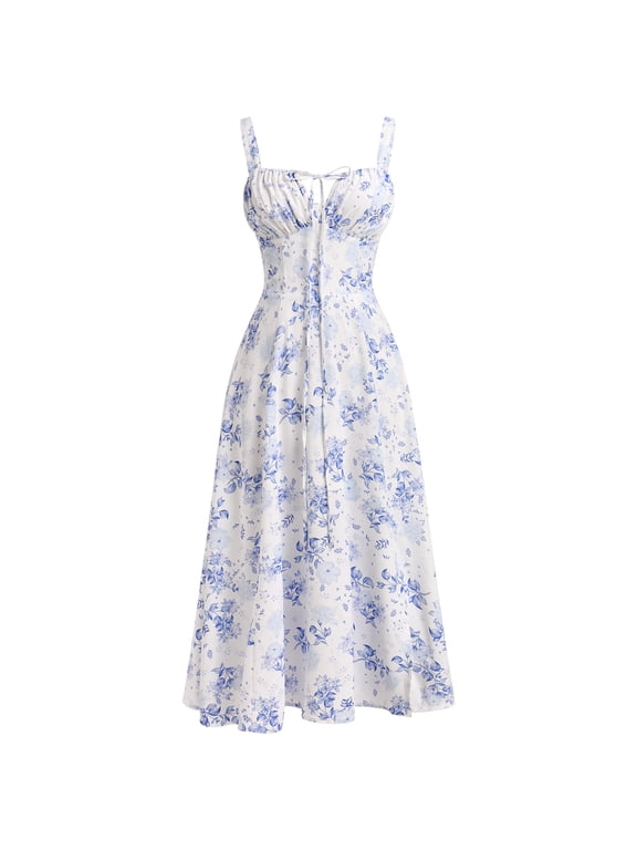 Women Floral Corset Dress Sleeveless Square Neck Spaghetti Straps Dress Boho Holiday Flowy Midi Bustier Sundress M White + Blue Floral