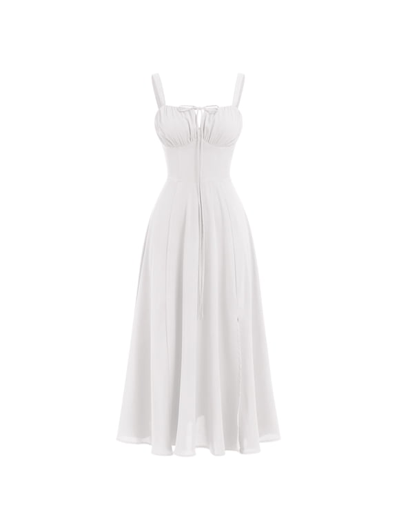 Women Floral Corset Dress Sleeveless Square Neck Spaghetti Straps Dress Boho Holiday Flowy Midi Bustier Sundress M White