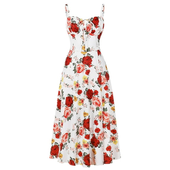 IBTOM CASTLE Women Floral Corset Dress Sleeveless Square Neck Spaghetti Straps Dress Boho Holiday Flowy Midi Bustier Sundress S White + Red Flower