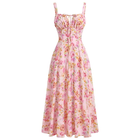 IBTOM CASTLE Women Floral Corset Dress Sleeveless Square Neck Spaghetti Straps Dress Boho Holiday Flowy Midi Bustier Sundress XL Pink Floral