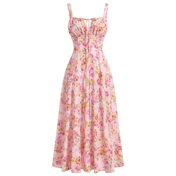 IBTOM CASTLE Women Floral Corset Dress Sleeveless Square Neck Spaghetti Straps Dress Boho Holiday Flowy Midi Bustier Sundress XL Pink Floral