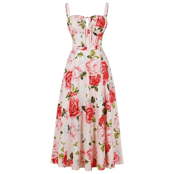 IBTOM CASTLE Women Floral Corset Dress Sleeveless Square Neck Spaghetti Straps Dress Boho Holiday Flowy Midi Bustier Sundress XL Pink   Red Flower