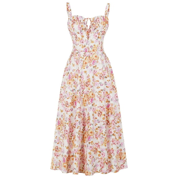 IBTOM CASTLE Women Floral Corset Dress Sleeveless Square Neck Spaghetti Straps Dress Boho Holiday Flowy Midi Bustier Sundress XS Orange + Pink Floral