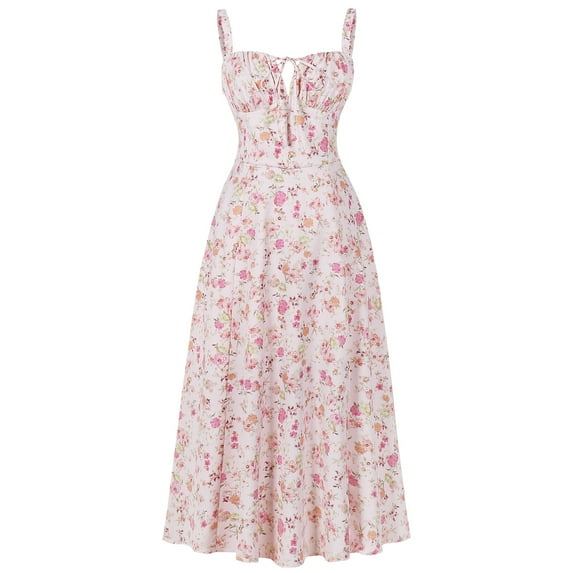 IBTOM CASTLE Women Floral Corset Dress Sleeveless Square Neck Spaghetti Straps Dress Boho Holiday Flowy Midi Bustier Sundress XS Pink Flower