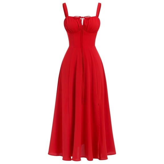 IBTOM CASTLE Women Floral Corset Dress Sleeveless Square Neck Spaghetti Straps Dress Boho Holiday Flowy Midi Bustier Sundress XS Red