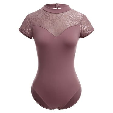 IBTOM CASTLE Women Gymnastics Leotard Adult Short Sleeve Floral Lace Print Backless Bodysuit Ballet Dance Wear M Coffee - Lace