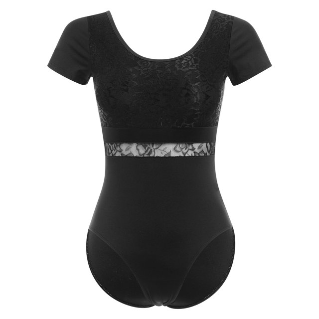 IBTOM CASTLE Women Gymnastics Leotard Adult Short Sleeve Floral Lace Print Backless Bodysuit