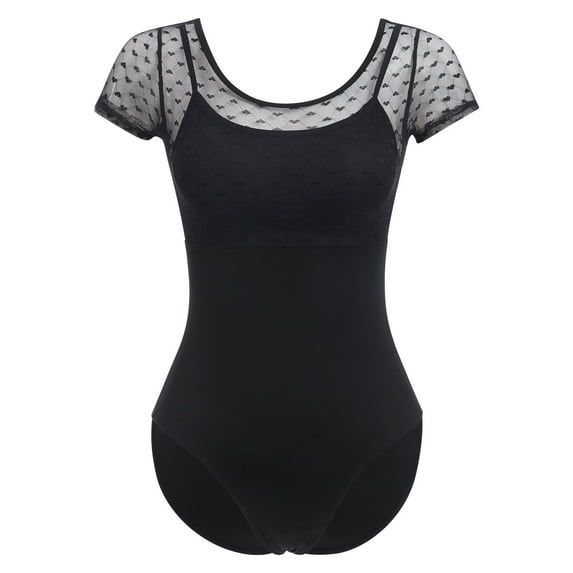 IBTOM CASTLE Women Gymnastics Leotard Adult Short Sleeve Floral Lace Print Backless Bodysuit Ballet Dance Wear XXL Black - Mesh Heart