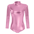 thumbnail image 1 of IBTOM CASTLE Women Long Sleeve Metalic Shiny Leather Turtleneck One Piece Gymnastics Leotard Ballet Dancewear Athletic Train Top 3XL Pink, 1 of 5