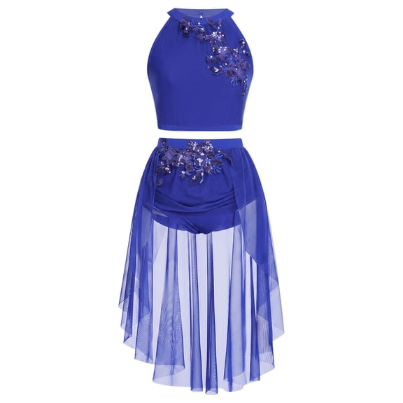 IBTOM CASTLE Women Lyrical Dance Costume Halter Floral Sequins Crop Top High-Low Skirt with Briefs Adult Contemporary Dance Dress Blue