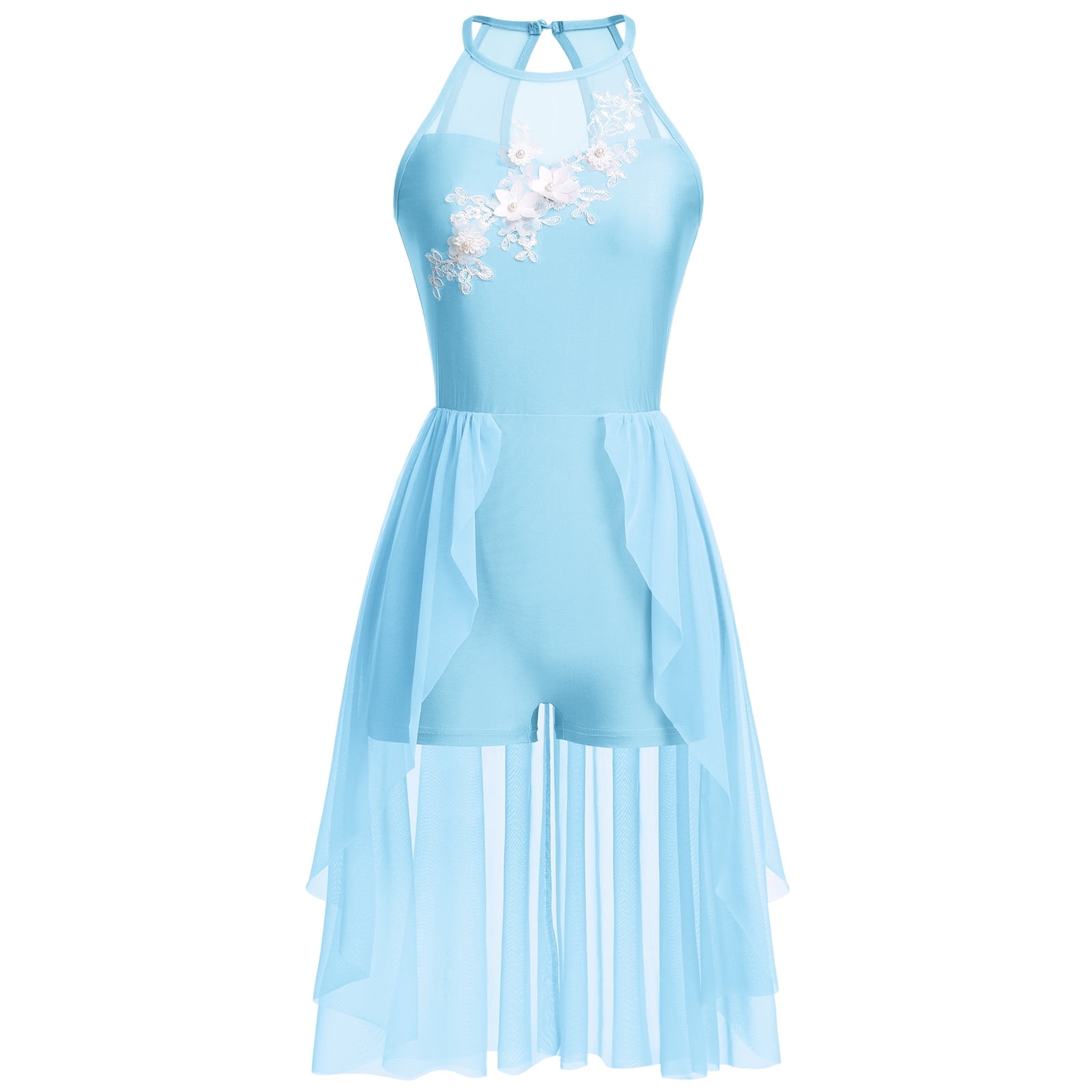 IBTOM CASTLE Women Lyrical Dance Costumes Lace Flower Embroidery Spliced  Tulle Dress Flowy Chiffon Leotard Skirt M Light Blue - Walmart.com