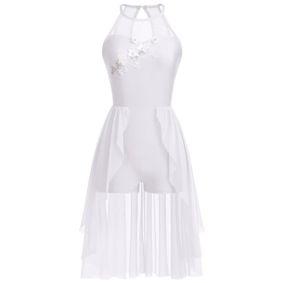 IBTOM CASTLE Women Lyrical Dance Costumes Lace Flower Embroidery Spliced Tulle Dress Flowy Chiffon Leotard Skirt M White