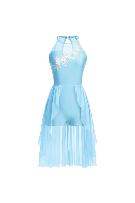 Women Lyrical Dance Costumes Lace Flower Embroidery Spliced Tulle Dress Flowy Chiffon Leotard Skirt S Light Blue