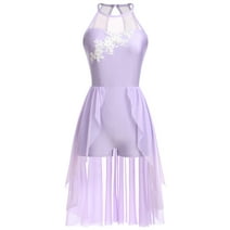 IBTOM CASTLE Women Lyrical Dance Costumes Lace Flower Embroidery Spliced Tulle Dress Flowy Chiffon Leotard Skirt S Light Purple