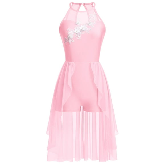 IBTOM CASTLE Women Lyrical Dance Costumes Lace Flower Embroidery Spliced Tulle Dress Flowy Chiffon Leotard Skirt XL Pink