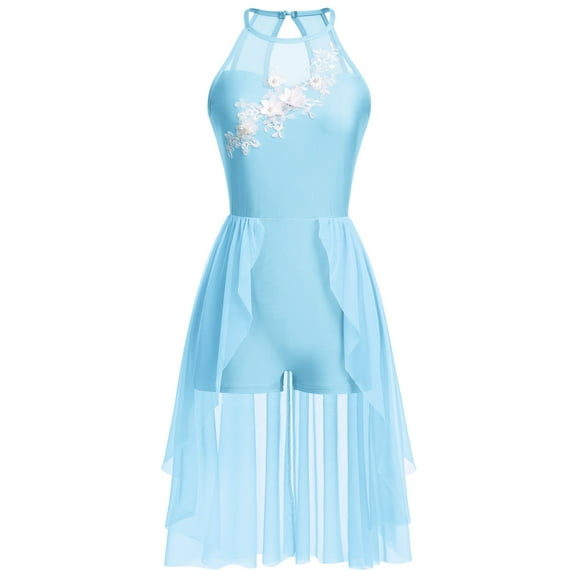 IBTOM CASTLE Women Lyrical Dance Costumes Lace Flower Embroidery Spliced Tulle Dress Flowy Chiffon Leotard Skirt XS Light Blue