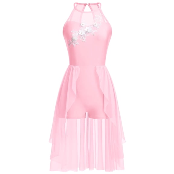 IBTOM CASTLE Women Lyrical Dance Costumes Lace Flower Embroidery Spliced Tulle Dress Flowy Chiffon Leotard Skirt XS Pink