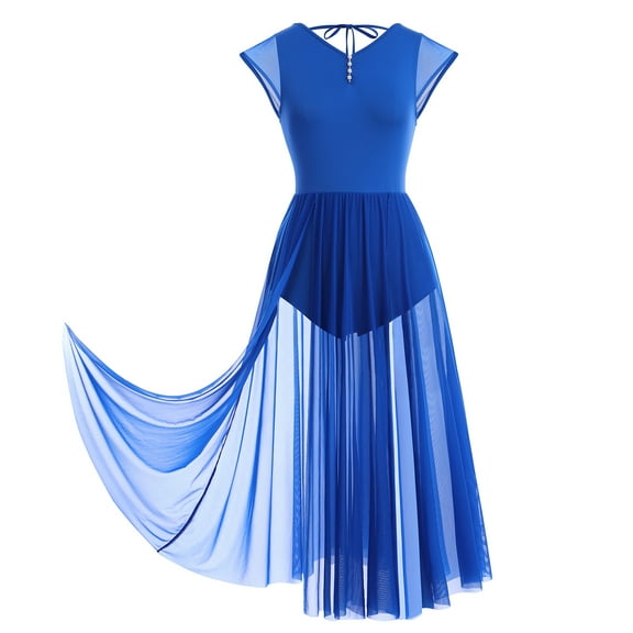 IBTOM CASTLE Women Lyrical Dance Dress Adult Modern Contemporary Dancewear Cap Sleeve Flowy Mesh Split Maxi Long Dress S Royal Blue