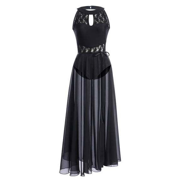 IBTOM CASTLE Women Lyrical Dance Dress Lace Sleeveless Leotard Sheer Flowy Long Wrap Skirt 2pcs Outfit L Black