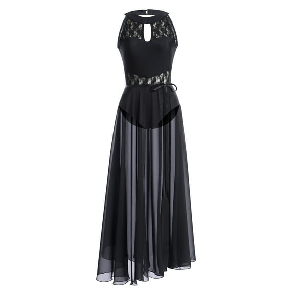 IBTOM CASTLE Women Lyrical Dance Dress Lace Sleeveless Leotard Sheer Flowy Long Wrap Skirt 2pcs Outfit XS Black