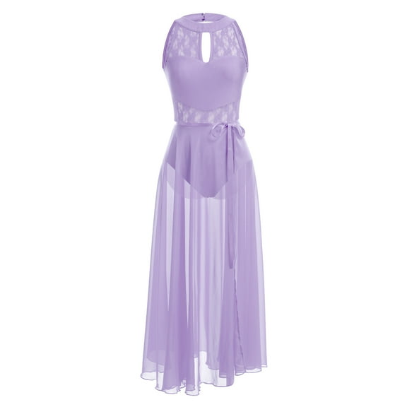 IBTOM CASTLE Women Lyrical Dance Dress Lace Sleeveless Leotard Sheer Flowy Long Wrap Skirt 2pcs Outfit XS Purple