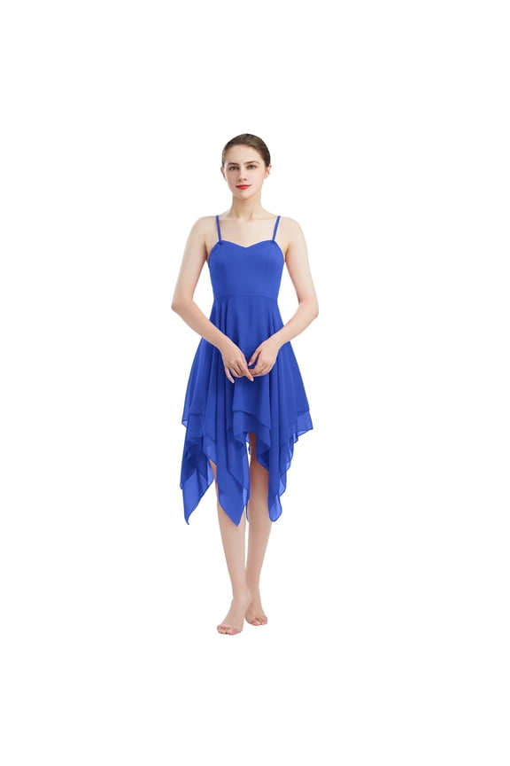 Women Lyrical Dance Dress Modern Contemporary Ballet Dancewear Spaghetti Strap Chiffon Flowy Dress S Royal Blue