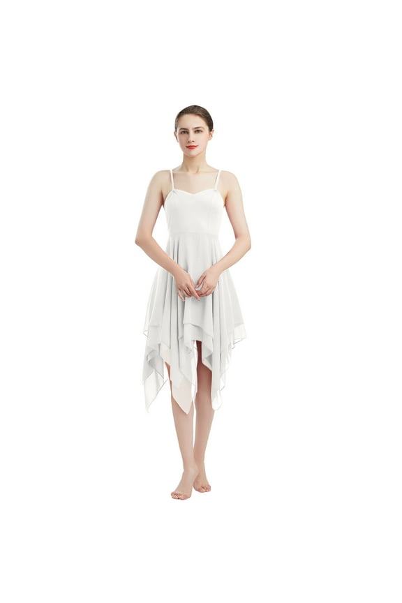 Women Lyrical Dance Dress Modern Contemporary Ballet Dancewear Spaghetti Strap Chiffon Flowy Dress S White