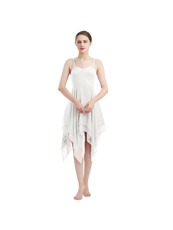Women Lyrical Dance Dress Modern Contemporary Ballet Dancewear Spaghetti Strap Chiffon Flowy Dress S White