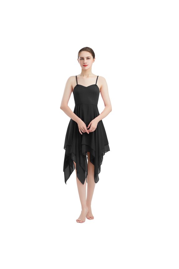 Women Lyrical Dance Dress Modern Contemporary Ballet Dancewear Spaghetti Strap Chiffon Flowy Dress XL Black