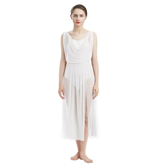IBTOM CASTLE Women Lyrical Dance Dress Modern Contemporary V-Neck Backless Split Tulle Skirt S White