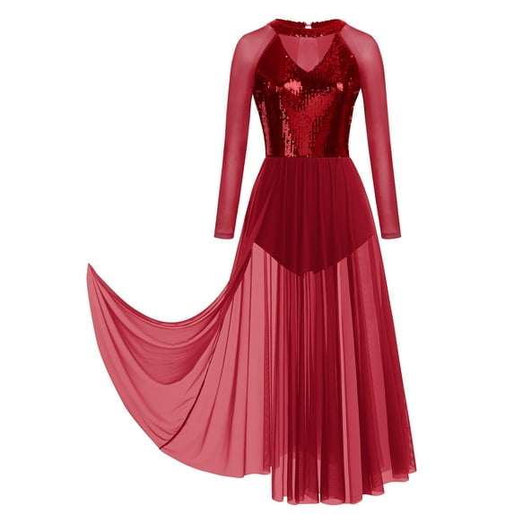 IBTOM CASTLE Women Lyrical Dance Dress Sequin Long Sleeve Mesh Tulle Flowy Maxi Long Dress Morden Contemporary Dancewear XS Wine Red