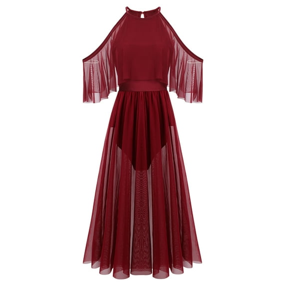 IBTOM CASTLE Women Lyrical Dance Dress Shiny Criss Cross Spaghetti Strap Full Circle Mesh Tulle Long Dress with Brooch Pin L Wine Red