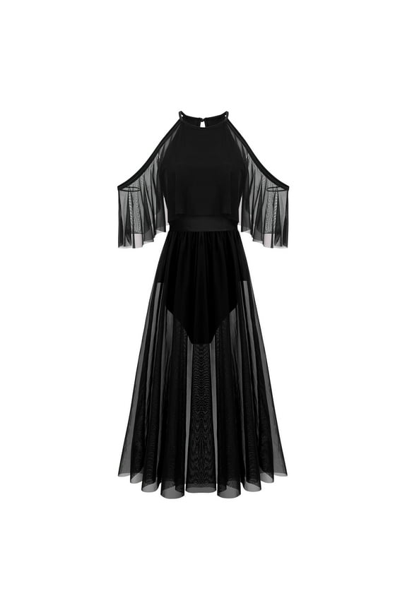 Women Lyrical Dance Dress Shiny Criss Cross Spaghetti Strap Full Circle Mesh Tulle Long Dress with Brooch Pin M Black
