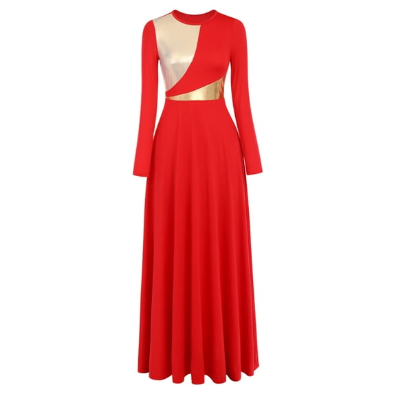 IBTOM CASTLE Women Metallic Bi Color Liturgical Praise Dance Dress Long Sleeve Lyrical Dancewear Church Maxi Robe Worship Costume L Red