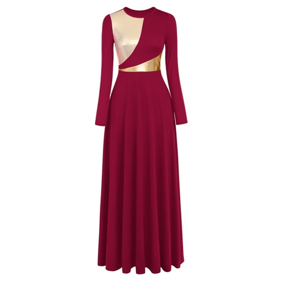IBTOM CASTLE Women Metallic Bi Color Liturgical Praise Dance Dress Long Sleeve Lyrical Dancewear Church Maxi Robe Worship Costume L Wine Red