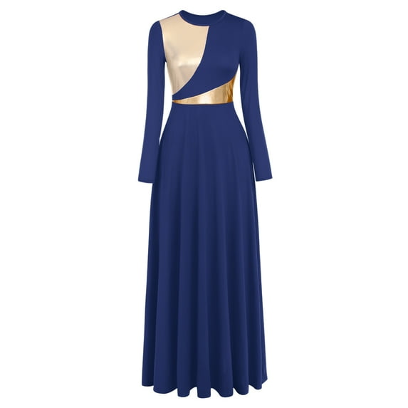 IBTOM CASTLE Women Metallic Bi Color Liturgical Praise Dance Dress Long Sleeve Lyrical Dancewear Church Maxi Robe Worship Costume XL Navy Blue