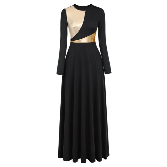 IBTOM CASTLE Women Metallic Bi Color Liturgical Praise Dance Dress Long Sleeve Lyrical Dancewear Church Maxi Robe Worship Costume XXL Black