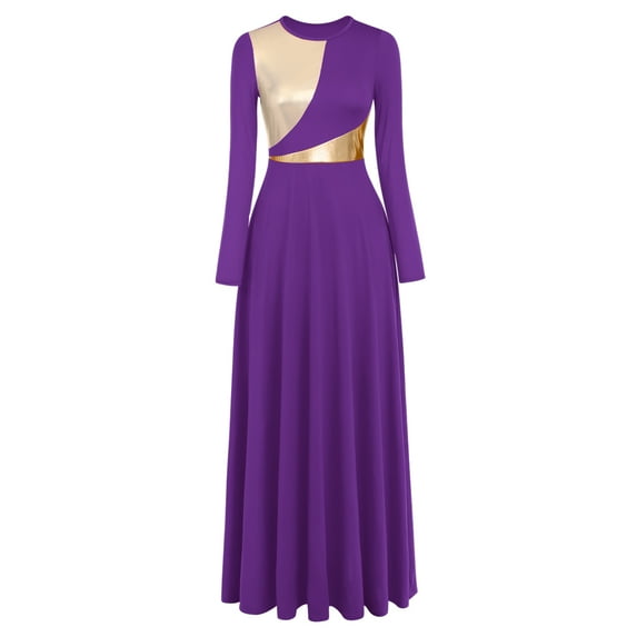 IBTOM CASTLE Women Metallic Bi Color Liturgical Praise Dance Dress Long Sleeve Lyrical Dancewear Church Maxi Robe Worship Costume XXL Purple