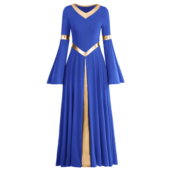 IBTOM CASTLE Women Metallic Color Block Liturgical Praise Dance Dress Bell Long Sleeve Lyrical Dancewear Gowns Worship Costume 3XL Royal Blue