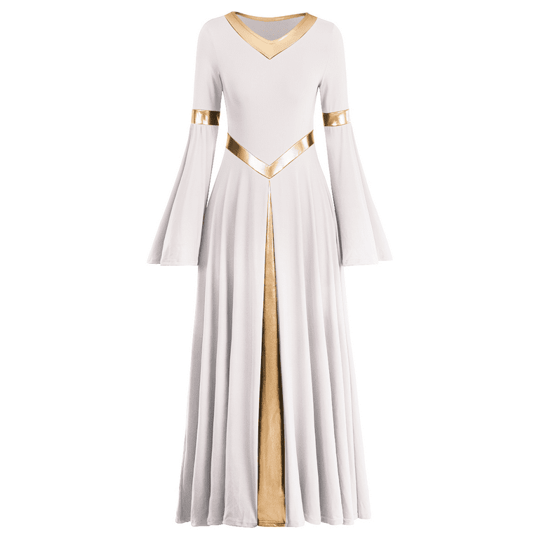 IBTOM CASTLE Women Metallic Color Block Liturgical Praise Dance Dress Bell  Long Sleeve Lyrical Dancewear Gowns Worship Costume 3XL White 