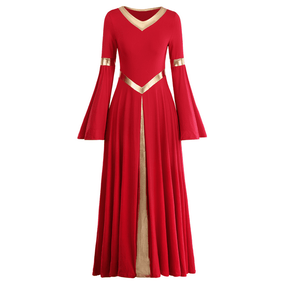 IBTOM CASTLE Women Metallic Color Block Liturgical Praise Dance Dress Bell Long Sleeve Lyrical Dancewear Gowns Worship Costume L Red