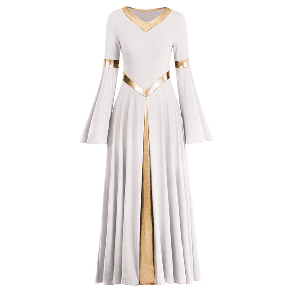 IBTOM CASTLE Women Metallic Color Block Liturgical Praise Dance Dress Bell Long Sleeve Lyrical Dancewear Gowns Worship Costume L White