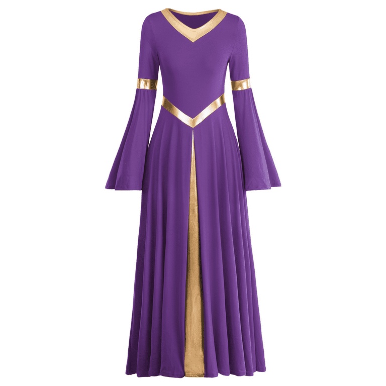 IBTOM CASTLE Women Metallic Color Block Liturgical Praise Dance Dress Bell  Long Sleeve Lyrical Dancewear Gowns Worship Costume S Purple